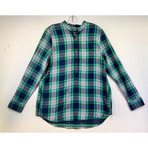 Lands End Womens Plaid Flannel Shirt 1/4 Button Front Size S Green Blue